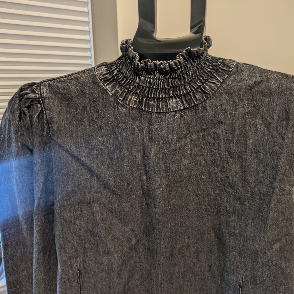 Black Smocked Ruffled Long Sleeve Blouse